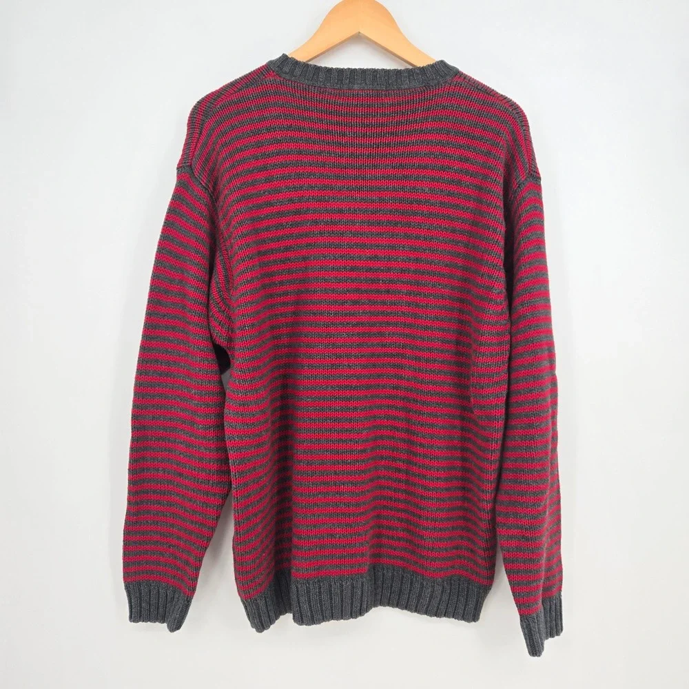 Vintage Eddie Bauer Mens M Red Gray Striped 100% Cotton Crewneck Knit Sweater